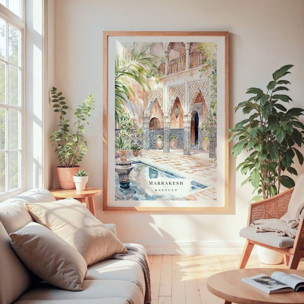 Large Framed Marrakesh Morocco Watercolor Wall Art - Cozy Living Room - Portrait Large Framed Marrakesh Morocco Watercolor Wall Art - Cozy Living Room - Portrait