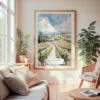 Large Framed Napa Valley Vineyard Watercolor Wall Art - Cozy Living Room - Portrait