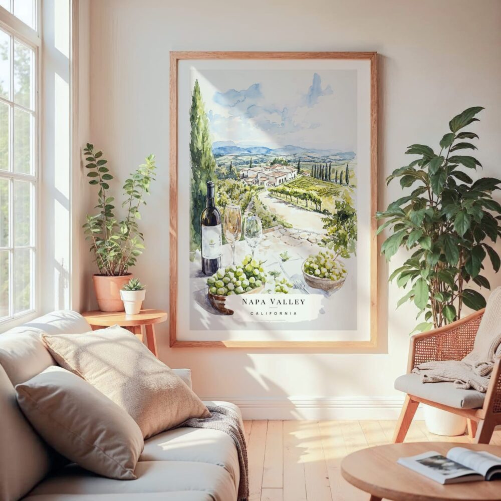 Large Framed Napa Valley Watercolor Wall Art - Cozy Living Room - Portrait Large Framed Napa Valley Watercolor Wall Art - Cozy Living Room - Portrait