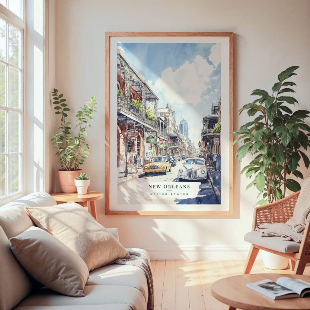 Large Framed New Orleans Bourbon Street Watercolor Wall Art - Cozy Living Room - Portrait Large Framed New Orleans Bourbon Street Watercolor Wall Art - Cozy Living Room - Portrait