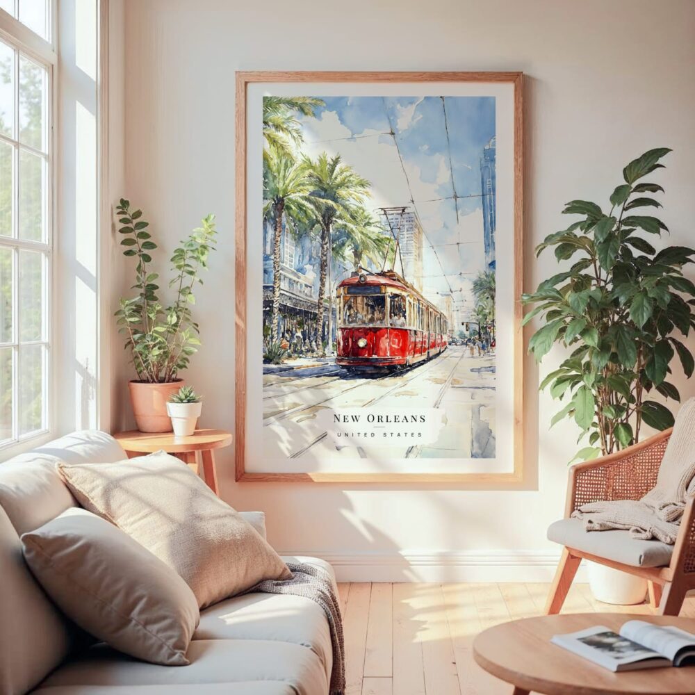 Large Framed New Orleans Canal Street Watercolor Wall Art - Cozy Living Room - Portrait Large Framed New Orleans Canal Street Watercolor Wall Art - Cozy Living Room - Portrait