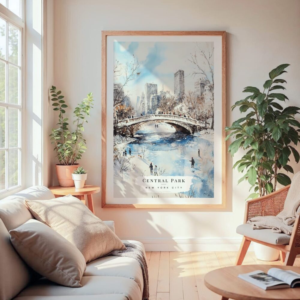 Large Framed New York City Central Park Watercolor in Winter Wall Art - Cozy Living Room - Portrait Large Framed New York City Central Park Watercolor in Winter Wall Art - Cozy Living Room - Portrait