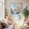 Large Framed New York City Central Park Watercolor in Winter Wall Art - Cozy Living Room - Portrait