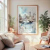Large Framed New York City Central Park Watercolor in Winter Wall Art - Cozy Living Room - Portrait