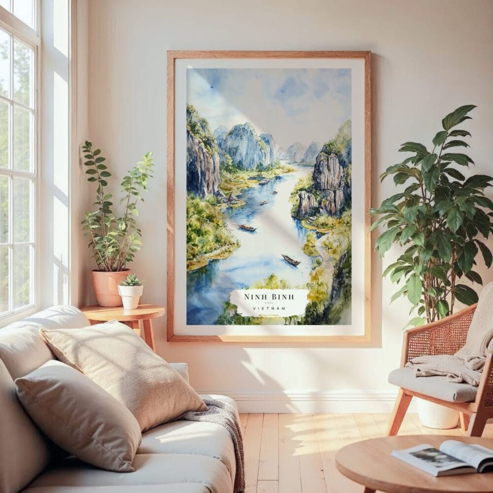 Large Framed Ninh Binh Vietnam Watercolor Wall Art - Cozy Living Room - Portrait Large Framed Ninh Binh Vietnam Watercolor Wall Art - Cozy Living Room - Portrait