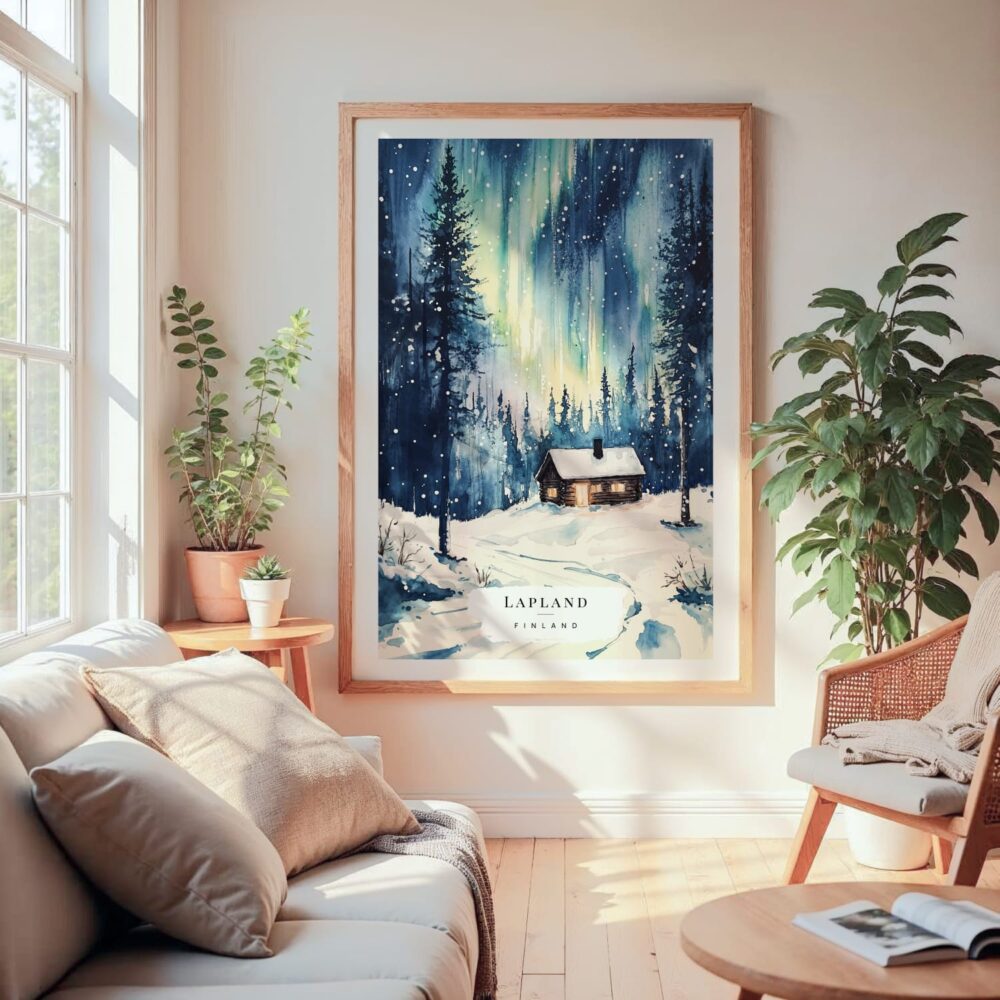 Large Framed Northern Lights Finland Watercolor Wall Art - Cozy Living Room - Portrait Large Framed Northern Lights Finland Watercolor Wall Art - Cozy Living Room - Portrait