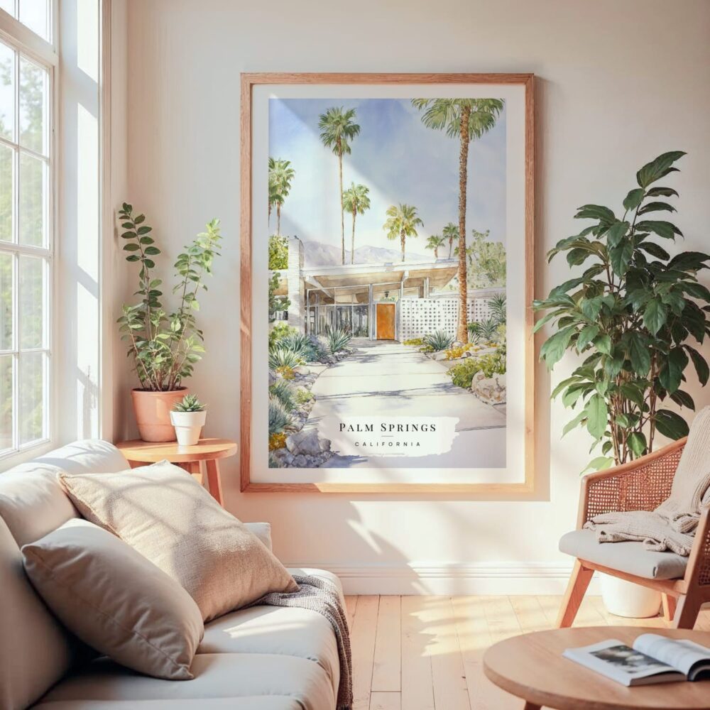Large Framed Palm Springs California Watercolor Wall Art - Cozy Living Room - Portrait Large Framed Palm Springs California Watercolor Wall Art - Cozy Living Room - Portrait