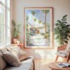 Large Framed Palm Springs California Watercolor Wall Art - Cozy Living Room - Portrait