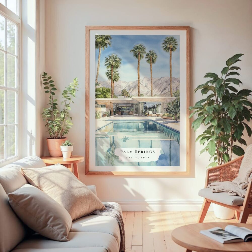 Large Framed Palm Springs Pool Villa Watercolor Wall Art - Cozy Living Room - Portrait Large Framed Palm Springs Pool Villa Watercolor Wall Art - Cozy Living Room - Portrait