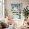 Large Framed Palm Springs Pool Villa Watercolor Wall Art - Cozy Living Room - Portrait