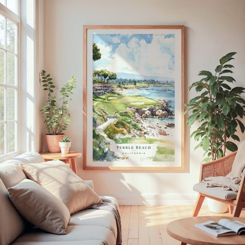 Large Framed Pebble Beach Golf Course Watercolor Wall Art - Cozy Living Room - Portrait Large Framed Pebble Beach Golf Course Watercolor Wall Art - Cozy Living Room - Portrait