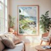 Large Framed Pebble Beach Golf Course Watercolor Wall Art - Cozy Living Room - Portrait
