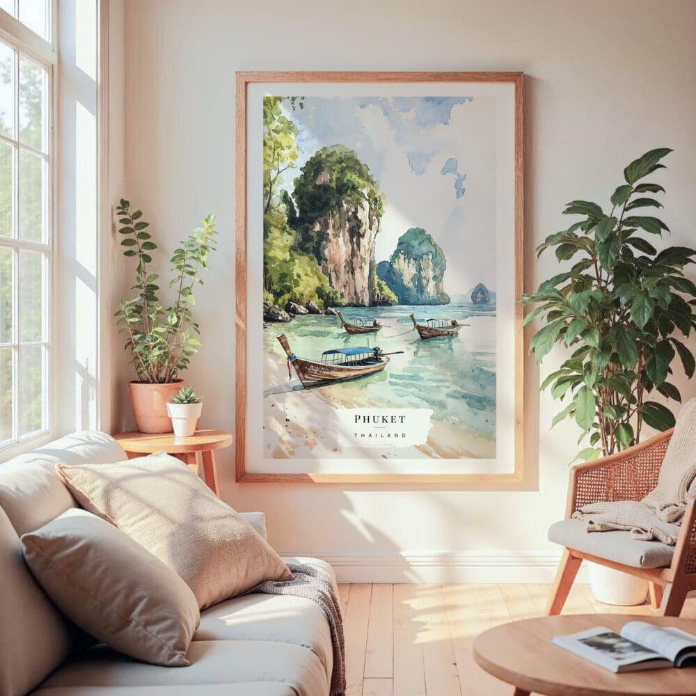 Large Framed Phuket Thailand Watercolor Wall Art - Cozy Living Room - Portrait Large Framed Phuket Thailand Watercolor Wall Art - Cozy Living Room - Portrait