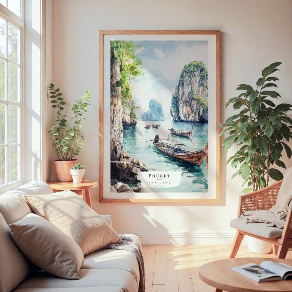 Large Framed Phuket Watercolor Wall Art - Cozy Living Room - Portrait Large Framed Phuket Watercolor Wall Art - Cozy Living Room - Portrait