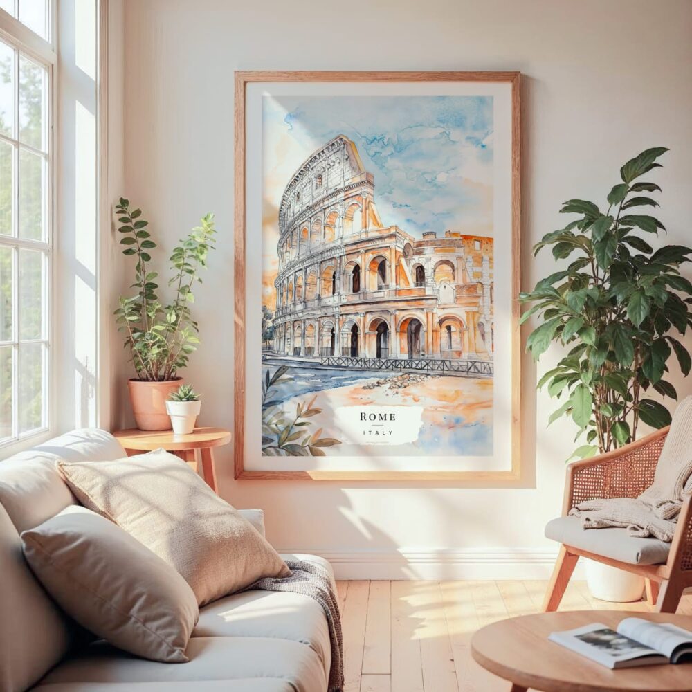 Large Framed Rome Colosseum Watercolor Wall Art - Cozy Living Room - Portrait Large Framed Rome Colosseum Watercolor Wall Art - Cozy Living Room - Portrait