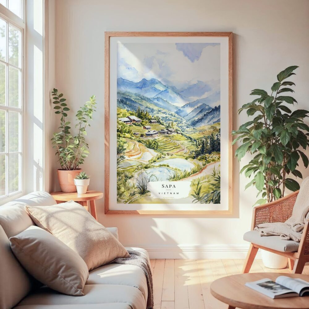 Large Framed Sapa Vietnam Watercolor Wall Art - Cozy Living Room - Portrait Large Framed Sapa Vietnam Watercolor Wall Art - Cozy Living Room - Portrait