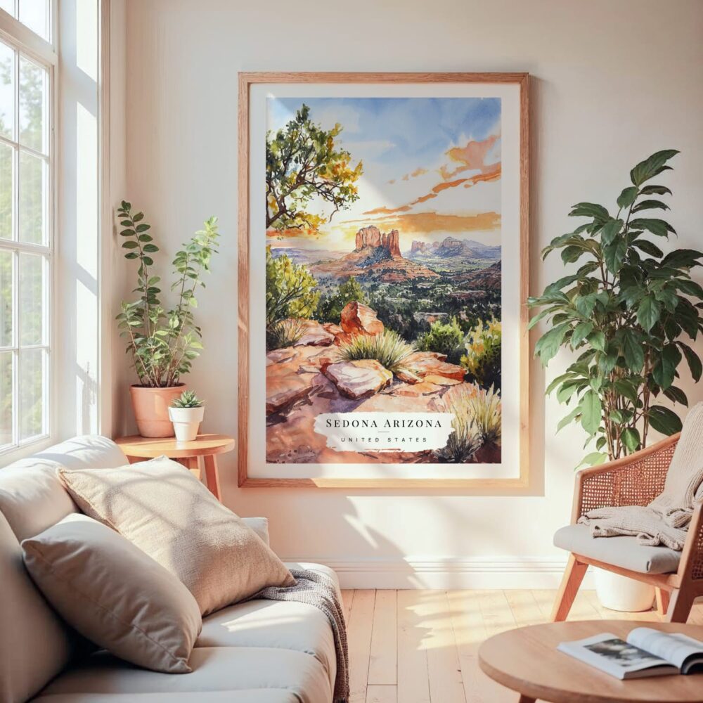 Large Framed Sedona Arizona Watercolor Wall Art - Cozy Living Room - Portrait Large Framed Sedona Arizona Watercolor Wall Art - Cozy Living Room - Portrait
