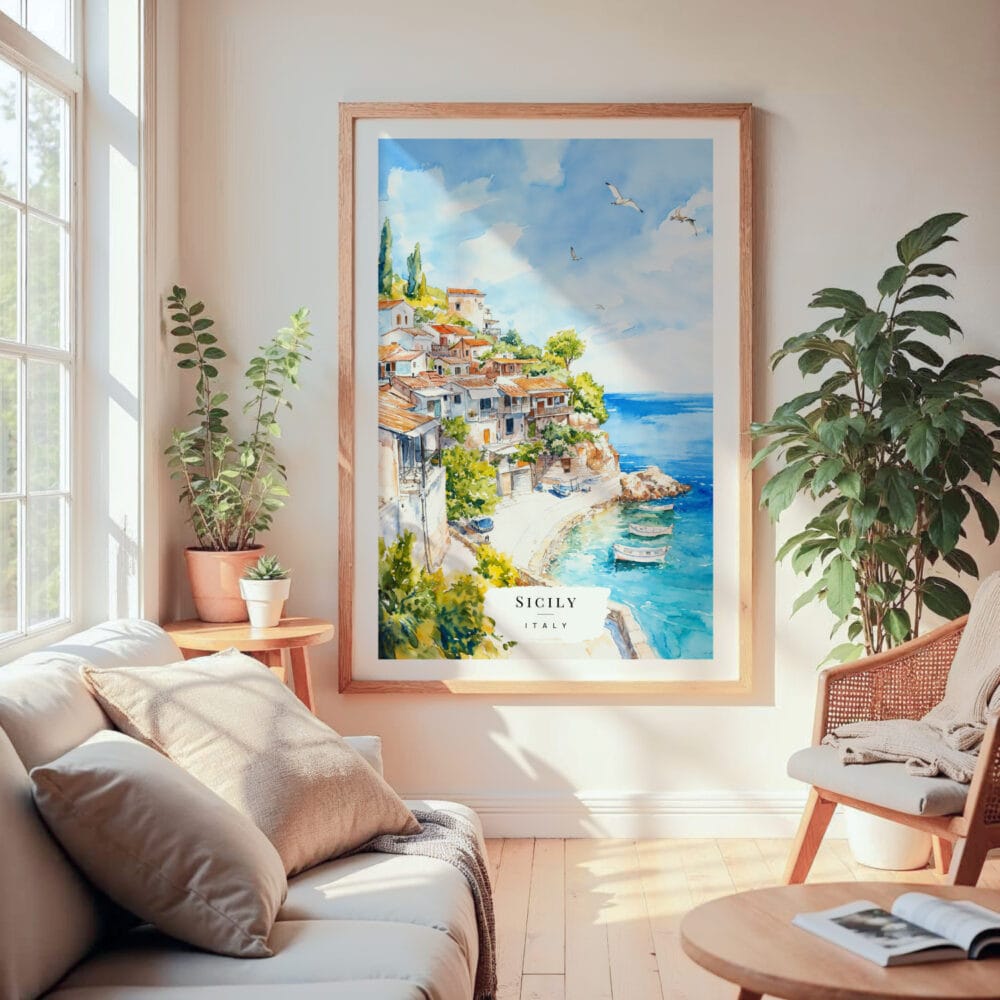 Large Framed Sicily Italy Watercolor Wall Art - Cozy Living Room - Portrait Large Framed Sicily Italy Watercolor Wall Art - Cozy Living Room - Portrait