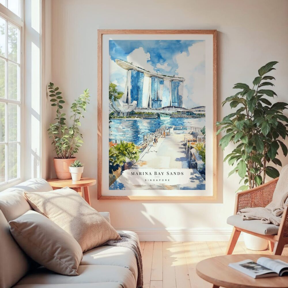 Large Framed Singapore Watercolor Wall Art - Cozy Living Room - Portrait Large Framed Singapore Watercolor Wall Art - Cozy Living Room - Portrait
