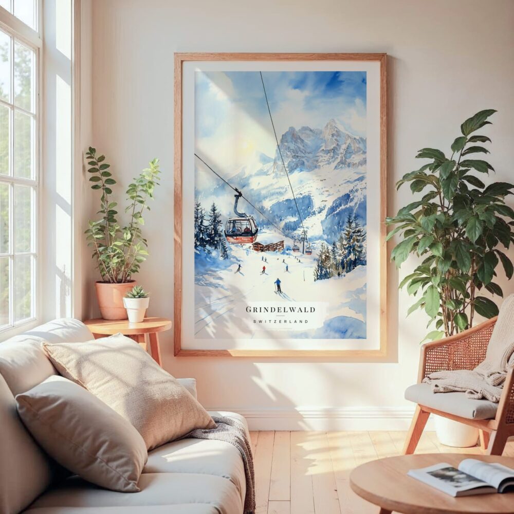Large Framed Skiing in Grindelwald Watercolor Wall Art - Cozy Living Room - Portrait Large Framed Skiing in Grindelwald Watercolor Wall Art - Cozy Living Room - Portrait