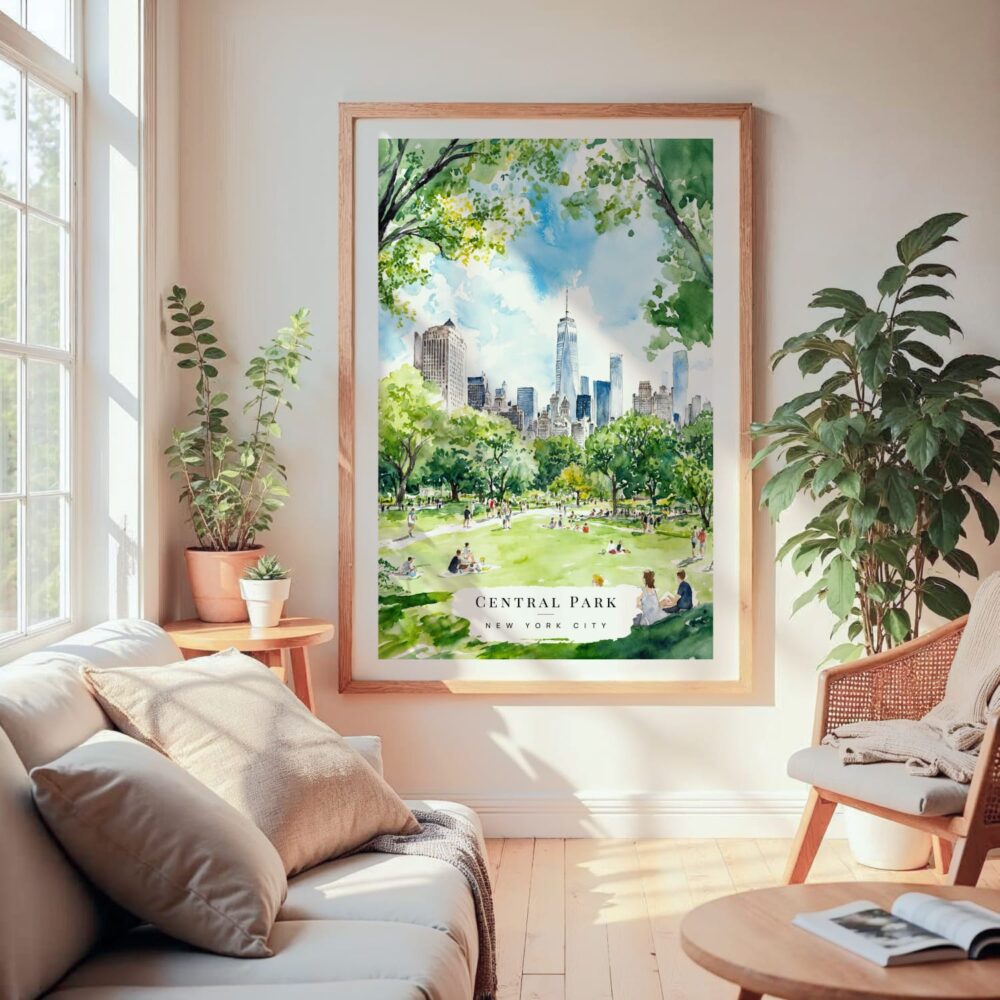 Large Framed Summer in Central Park New York Watercolor Wall Art - Cozy Living Room - Portrait Large Framed Summer in Central Park New York Watercolor Wall Art - Cozy Living Room - Portrait