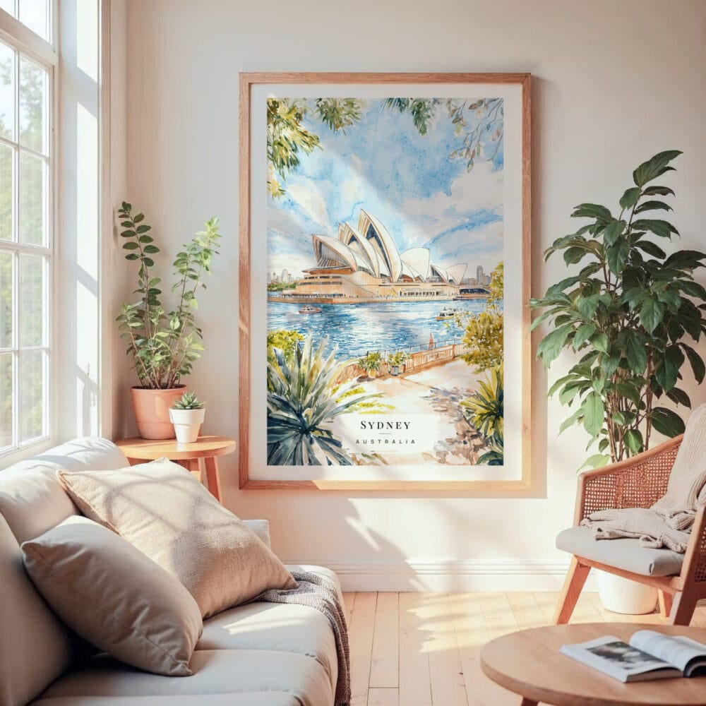 Large Framed Sydney Opera House Watercolor Wall Art - Cozy Living Room - Portrait Large Framed Sydney Opera House Watercolor Wall Art - Cozy Living Room - Portrait