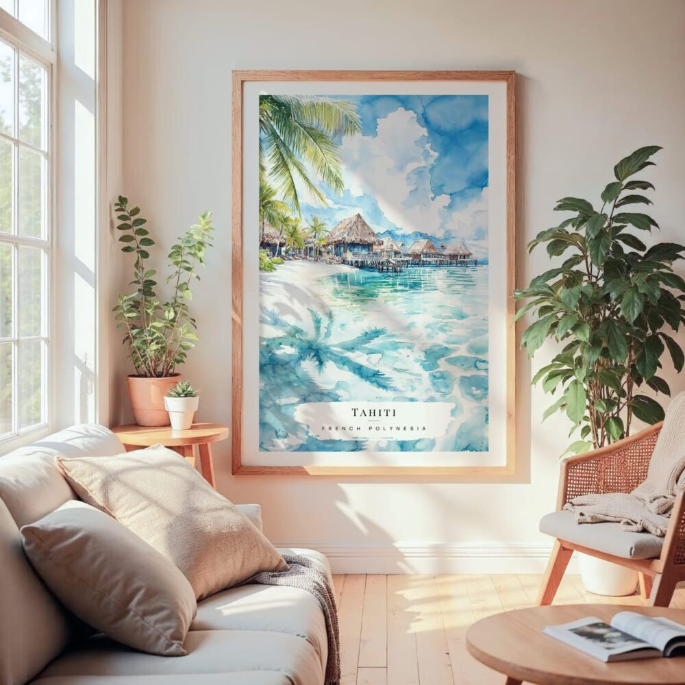 Large Framed Tahiti Watercolor Wall Art - Cozy Living Room - Portrait Large Framed Tahiti Watercolor Wall Art - Cozy Living Room - Portrait