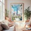 Large Framed Taipei Watercolor Wall Art - Cozy Living Room - Portrait