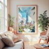 Large Framed Taipei Watercolor Wall Art - Cozy Living Room - Portrait