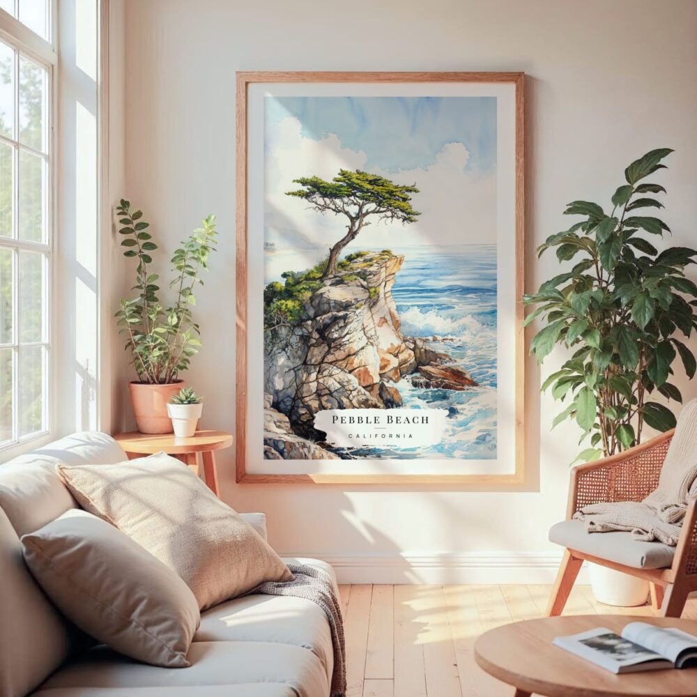 Large Framed The Lone Cypress Pebble Beach Watercolor Wall Art - Cozy Living Room - Portrait Large Framed The Lone Cypress Pebble Beach Watercolor Wall Art - Cozy Living Room - Portrait