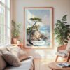 Large Framed The Lone Cypress Pebble Beach Watercolor Wall Art - Cozy Living Room - Portrait