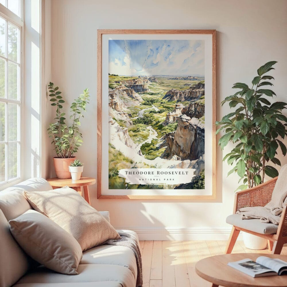 Large Framed Theodore Roosevelt National Park Watercolor Wall Art - Cozy Living Room - Portrait Large Framed Theodore Roosevelt National Park Watercolor Wall Art - Cozy Living Room - Portrait
