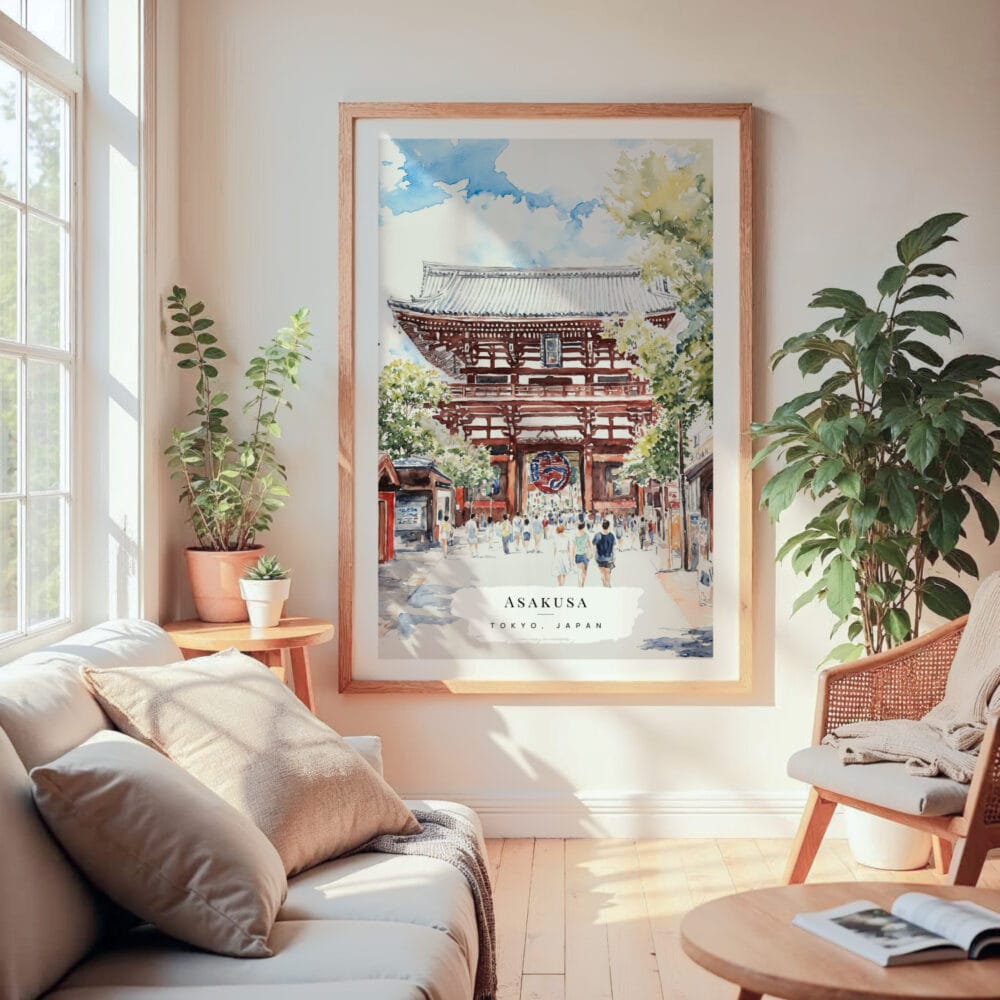 Large Framed Tokyo Asakusa Watercolor Wall Art - Cozy Living Room - Portrait Large Framed Tokyo Asakusa Watercolor Wall Art - Cozy Living Room - Portrait