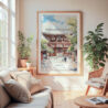 Large Framed Tokyo Asakusa Watercolor Wall Art - Cozy Living Room - Portrait