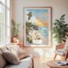 Large Framed Tulum Mexico Watercolor Wall Art - Cozy Living Room - Portrait