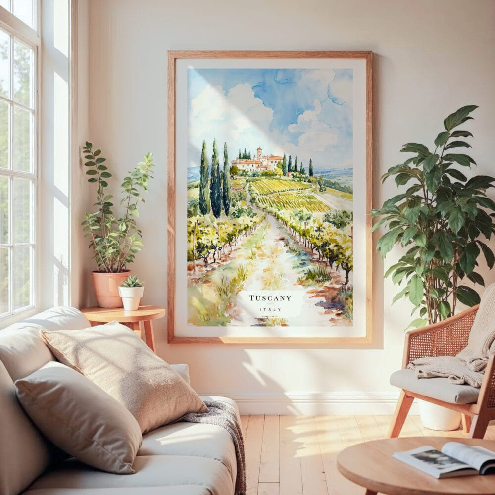 Large Framed Tuscany Italy Watercolor Wall Art - Cozy Living Room - Portrait Large Framed Tuscany Italy Watercolor Wall Art - Cozy Living Room - Portrait