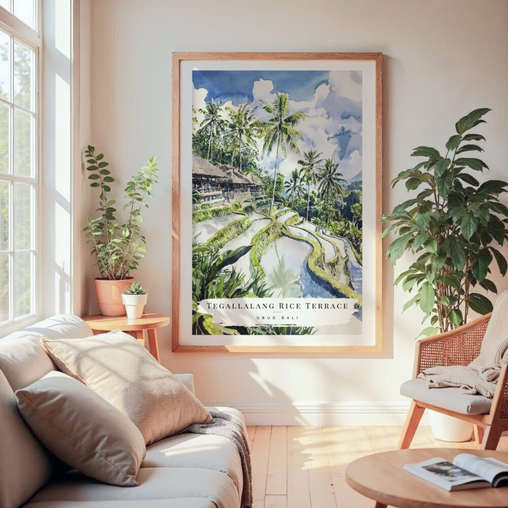 Large Framed Ubud Bali Rice Terrace Watercolor Wall Art - Cozy Living Room - Portrait Large Framed Ubud Bali Rice Terrace Watercolor Wall Art - Cozy Living Room - Portrait