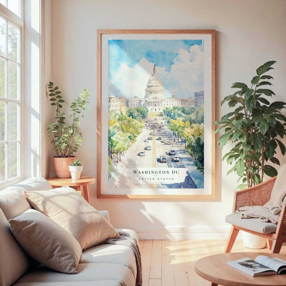 Large Framed Washington DC Watercolor Wall Art - Cozy Living Room - Portrait Large Framed Washington DC Watercolor Wall Art - Cozy Living Room - Portrait