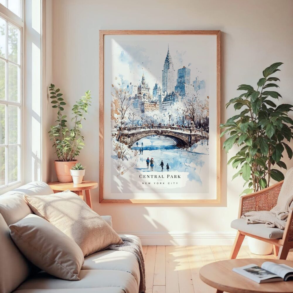 Large Framed White Christmas Central Park New York Watercolor in Winter Wall Art - Cozy Living Room - Portrait Large Framed White Christmas Central Park New York Watercolor in Winter Wall Art - Cozy Living Room - Portrait
