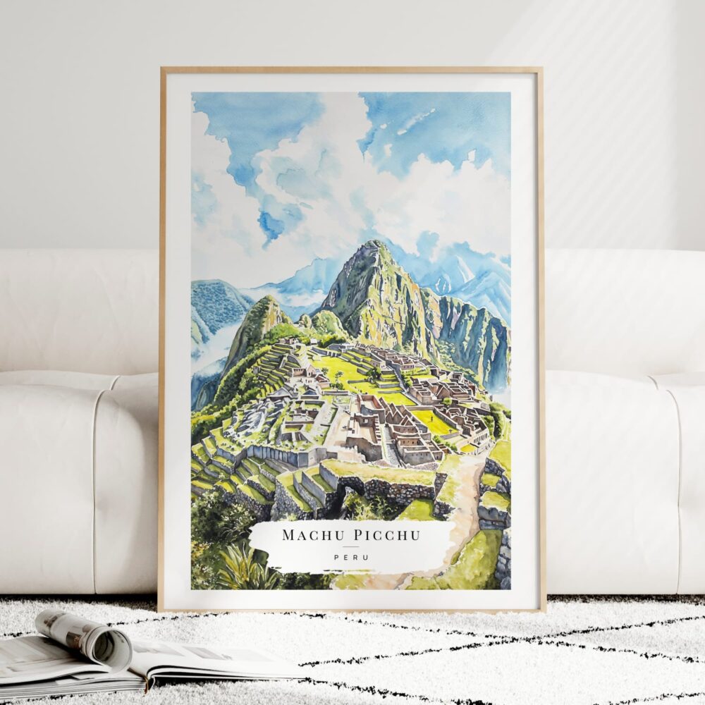 Machu Picchu Watercolor Art Print - Wood Frame standing on Floor Machu Picchu Watercolor Art Print - Wood Frame standing on Floor