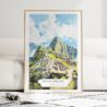Machu Picchu Watercolor Art Print - Wood Frame standing on Floor