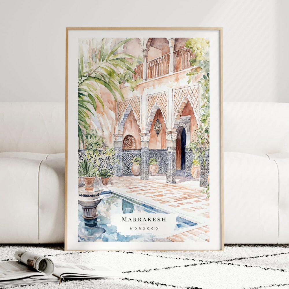 Marrakesh Morocco Watercolor Art Print - Wood Frame standing on Floor Marrakesh Morocco Watercolor Art Print - Wood Frame standing on Floor