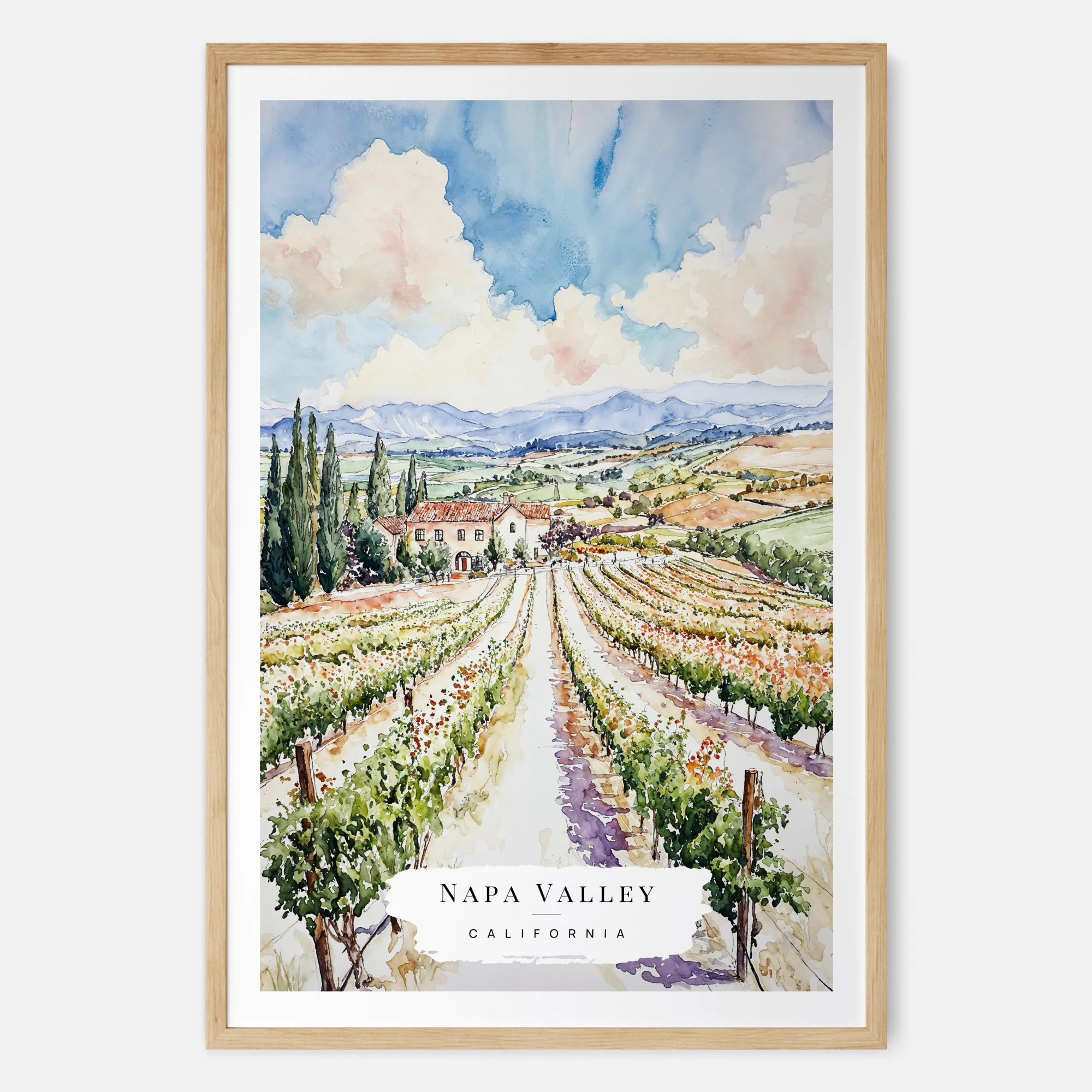 Napa Valley Vineyard Watercolor Art Print - California Kitchen Wall Art