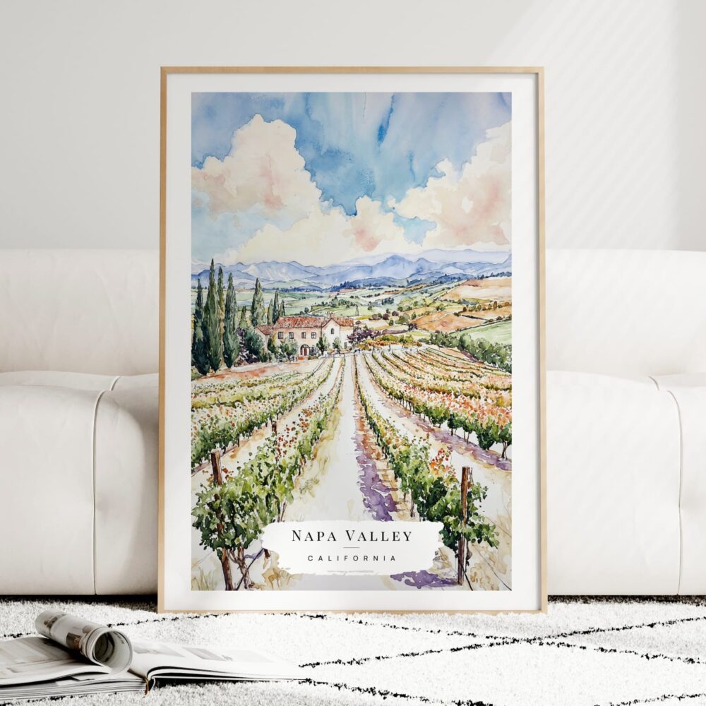 Napa Valley Vineyard Watercolor Art Print - Wood Frame standing on Floor Napa Valley Vineyard Watercolor Art Print - Wood Frame standing on Floor