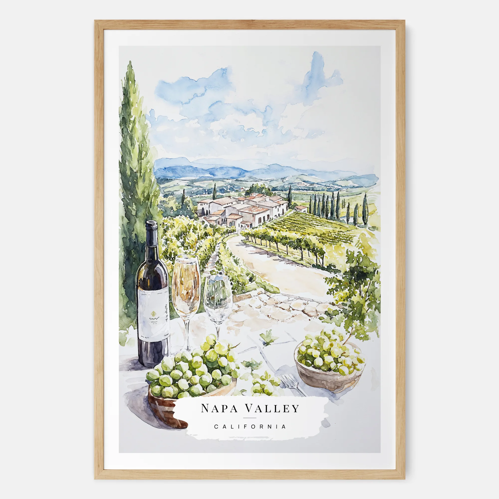Napa Valley Watercolor Art Print - California Vineyard Kitchen Wall Art