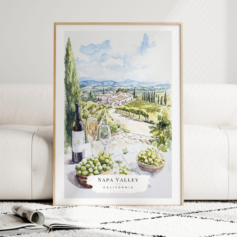 Napa Valley Watercolor Art Print - Wood Frame standing on Floor Napa Valley Watercolor Art Print - Wood Frame standing on Floor