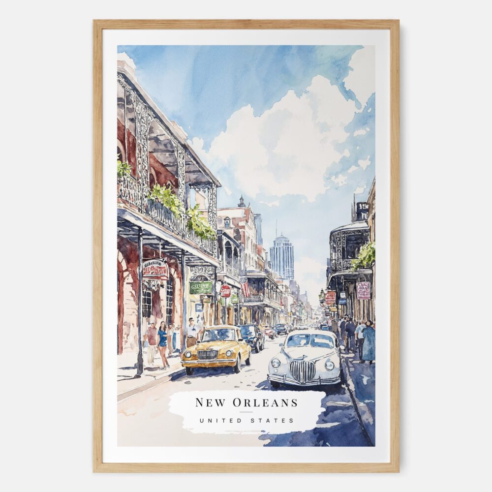 New Orleans Bourbon Street Watercolor Art Print - Main - Wood Frame