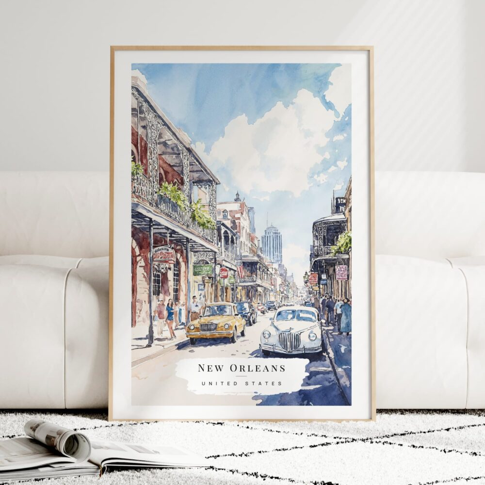 New Orleans Bourbon Street Watercolor Art Print - Wood Frame standing on Floor New Orleans Bourbon Street Watercolor Art Print - Wood Frame standing on Floor