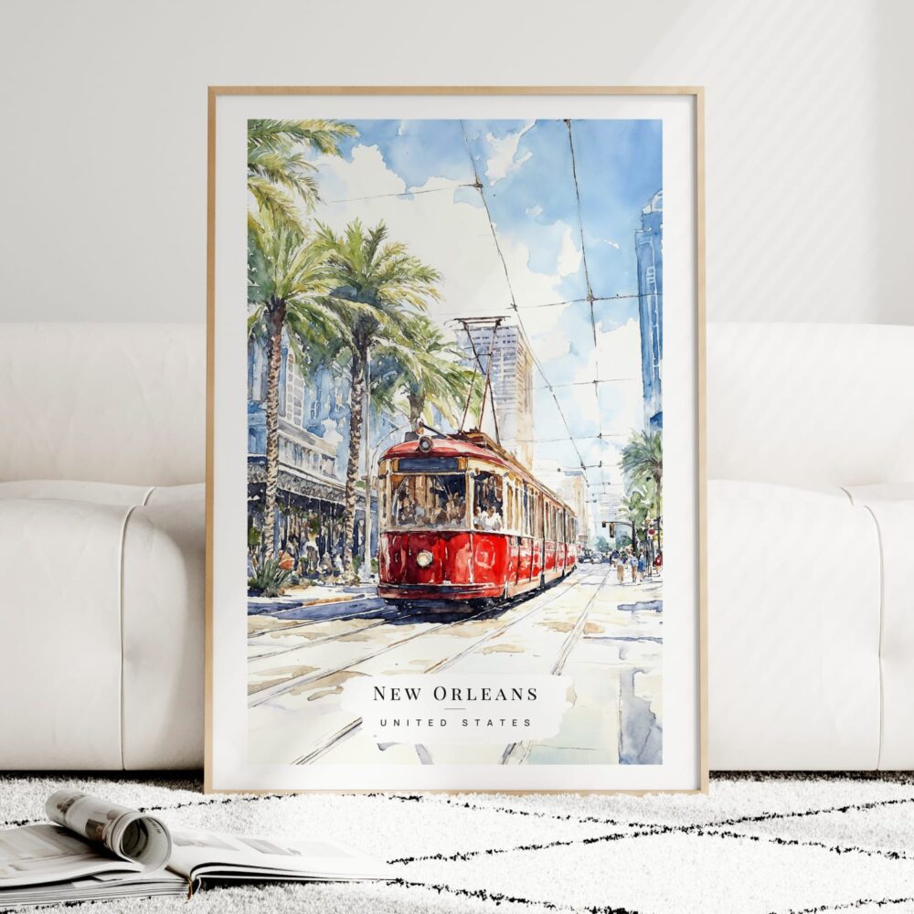 New Orleans Canal Street Watercolor Art Print - Wood Frame standing on Floor New Orleans Canal Street Watercolor Art Print - Wood Frame standing on Floor