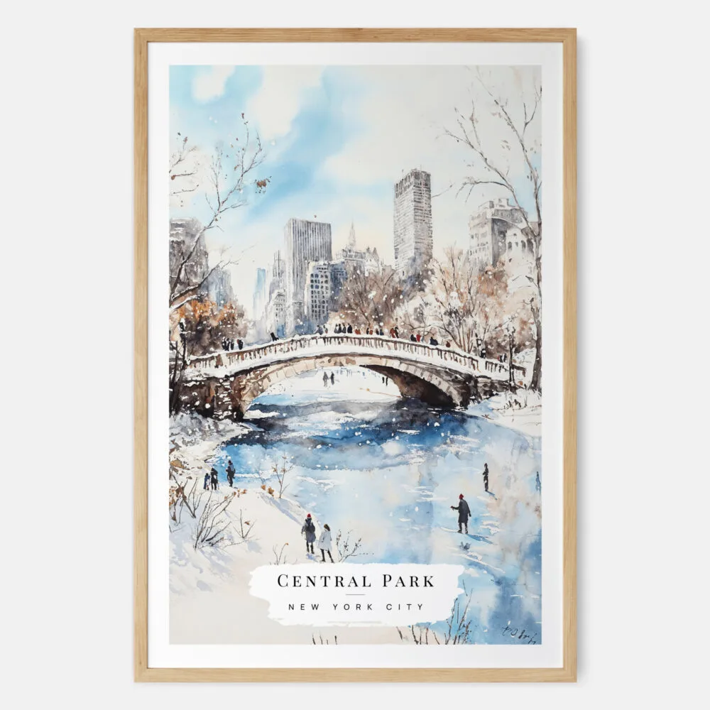 New York City Central Park Watercolor in Winter Art Print - Main - Wood Frame New York City Central Park Watercolor in Winter Art Print - Main - Wood Frame